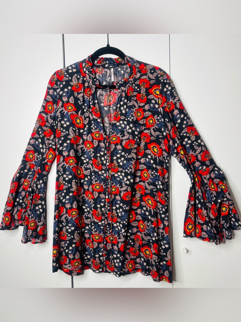 Free People Navy Tunic with Red Floral Print